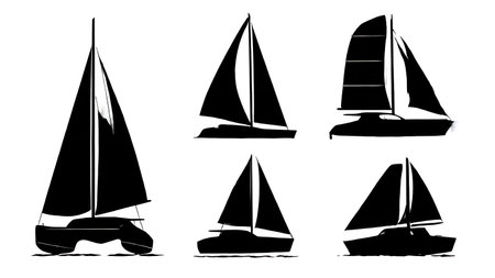 Six Black Solid Trimaran Sailing Silhouettes isolated on plain white background.のイラスト素材