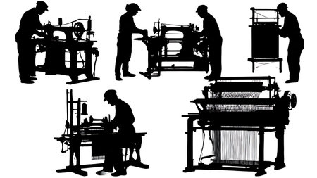Collection of Six Black Solid Textile Machine Mechanic Silhouettes isolated on plain white background.のイラスト素材