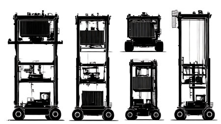 Collection of Six Black Solid Straddle Carrier isolated on plain white background.のイラスト素材