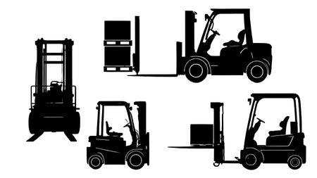 Six Black Solid Warehouse Logistics Equipment Silhouettes isolated on plain white background.のイラスト素材