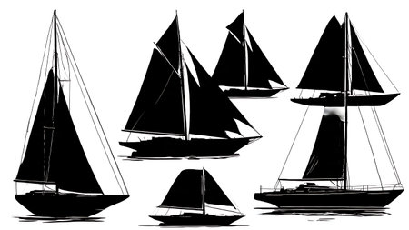 Set of Six Black Solid Vintage Yacht Silhouettes isolated on plain white background.