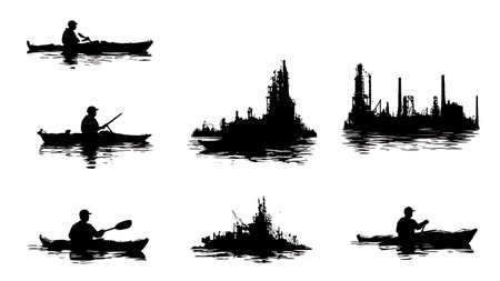 Six Black Solid Urban Kayaking isolated on plain white background.のイラスト素材