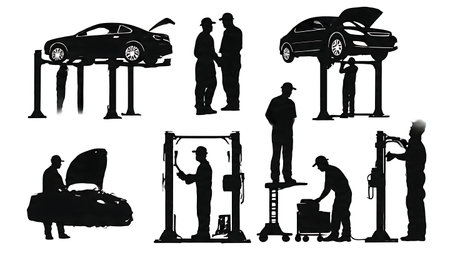 Automotive Specialists Working Under a Car Silhouette Set isolated on plain white background.のイラスト素材