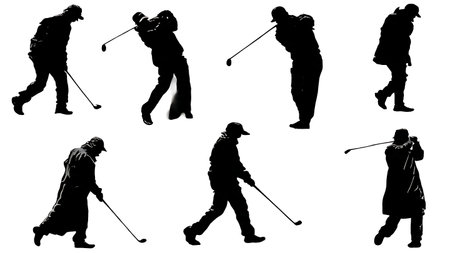 Set of Six Black Solid Windy Golf Swing isolated on plain white background.のイラスト素材