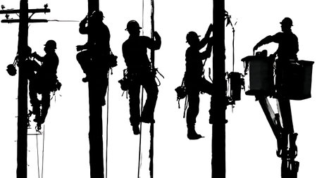 Set of Six Black Solid Telecom Lineman Silhouettes isolated on plain white background.のイラスト素材