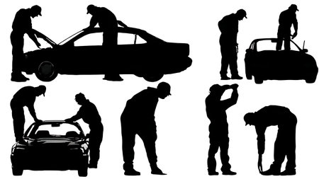 Black Solid Windshield Replacement Mechanic Silhouettes isolated on plain white background.のイラスト素材