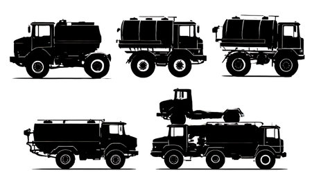 Six Black Solid Water Truck Silhouettes isolated on plain white background.のイラスト素材