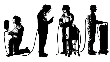 Six Black Solid Welding Machine Silhouettes isolated on plain white background.のイラスト素材