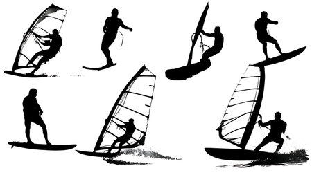 Six Dynamic Black Solid Windsurfer Action Silhouettes isolated on plain white background.のイラスト素材
