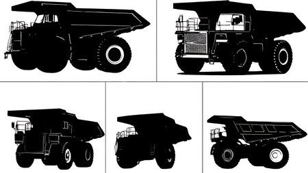 Collection of Six Black Solid Underground Mining Truck isolated on plain white background.のイラスト素材