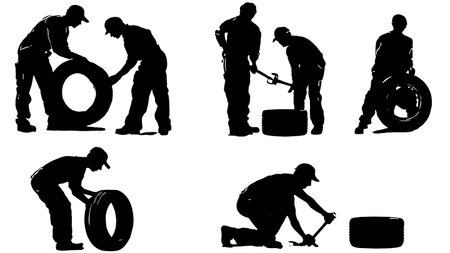 Black Solid Tire Service Mechanic Silhouettes Pack of Six isolated on plain white background.のイラスト素材