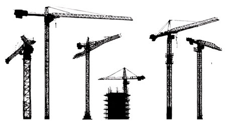 Six Black Solid Tower Crane Silhouettes isolated on plain white background.のイラスト素材