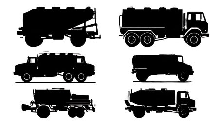 Six Black Solid Water Truck Silhouettes isolated on plain white background.のイラスト素材