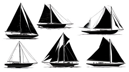 Set of Six Black Solid Vintage Yacht Silhouettes isolated on plain white background.のイラスト素材