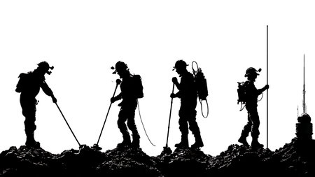 Six Dynamic Black Solid Volcanologist Research Silhouettes isolated on plain white background.のイラスト素材
