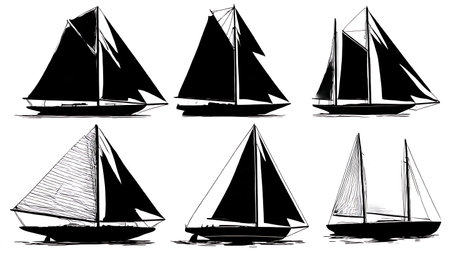 Set of Six Black Solid Vintage Yacht Silhouettes isolated on plain white background.のイラスト素材