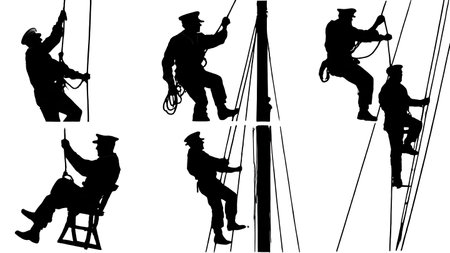 Set of Six Black Solid Sailor at the Mast Silhouettes isolated on plain white background.のイラスト素材