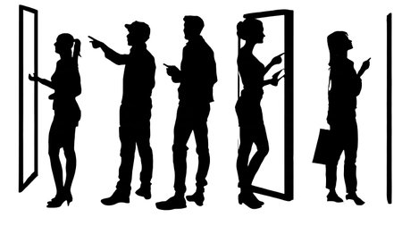 Six Black Solid Window Shopping Silhouettes isolated on plain white background.のイラスト素材