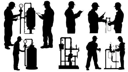 Set of Six Black Solid Water Treatment Plant Operator isolated on plain white background.のイラスト素材