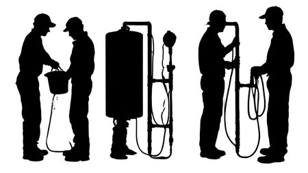 Six Black Solid Water Heater Technician Silhouettes isolated on plain white background.のイラスト素材