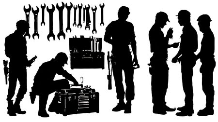 Mechanics Organizing Tools in Workshop Silhouette Pack isolated on plain white background.のイラスト素材