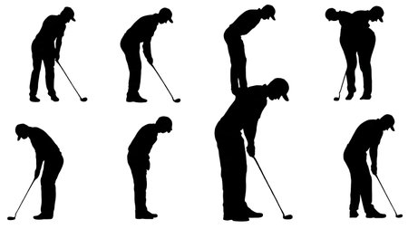 Collection of Six Black Solid Golf Posture isolated on plain white background.のイラスト素材