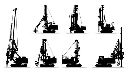 Six Black Solid Directional Drilling Rig Silhouettes isolated on plain white background.のイラスト素材