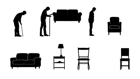 Six Black Solid Furniture and Home Decor Shopper Silhouettes isolated on plain white background.のイラスト素材