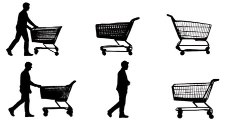 Set of Six Black Solid Empty and Full Cart Shopper Silhouettes isolated on plain white background.のイラスト素材