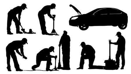 Mechanics Using Car Jack and Stands Silhouette Set of Six isolated on plain white background.のイラスト素材