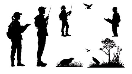 Set of Six Black Solid Ecologist Fieldwork Silhouettes isolated on plain white background.のイラスト素材