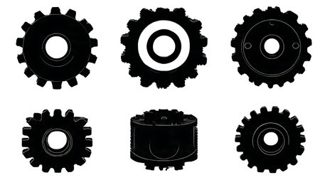 Set of Six Black Solid Gear Coupling isolated on plain white background.のイラスト素材