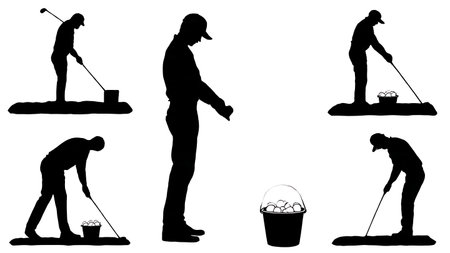 Collection of Six Black Solid Driving Range Golfer isolated on plain white background.のイラスト素材