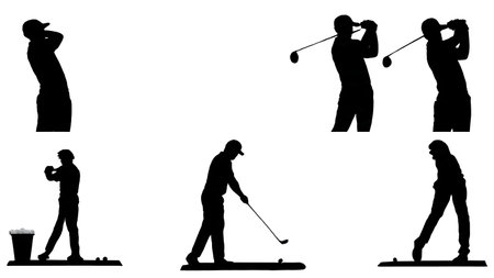 Collection of Six Black Solid Driving Range Golfer isolated on plain white background.のイラスト素材