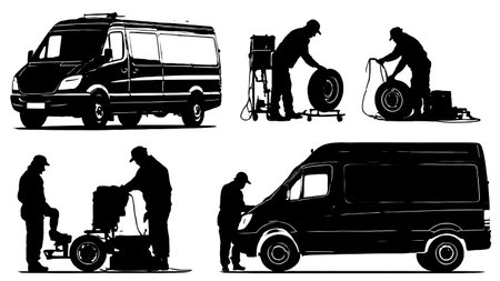 Mobile Tire Fitter Working from Van Silhouette Collection isolated on plain white background.のイラスト素材