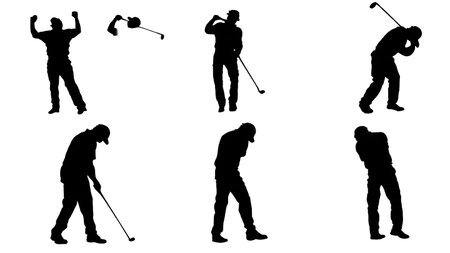 Six Black Solid Golfer Emotions isolated on plain white background.のイラスト素材