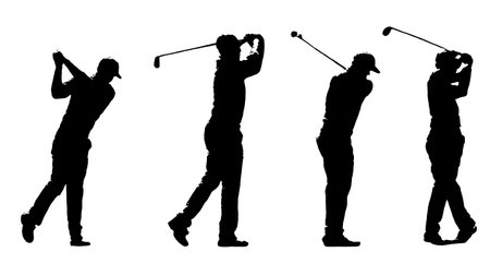 Six Black Solid Hybrid Club Golf Swing isolated on plain white background.のイラスト素材