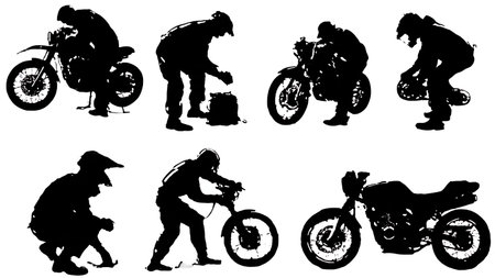 Black Solid Motorcycle Mechanic Repair Pose Silhouettes isolated on plain white background.のイラスト素材