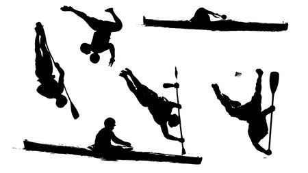 Set of Six Black Solid Kayak Polo Player Waiting for Roll isolated on plain white background.のイラスト素材