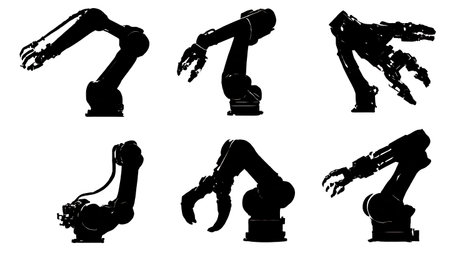 Six Black Solid Robotic Gripper Silhouettes isolated on plain white background.のイラスト素材