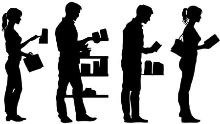 Set of Six Black Solid Price Comparing Shopper Silhouettes isolated on plain white background.のイラスト素材