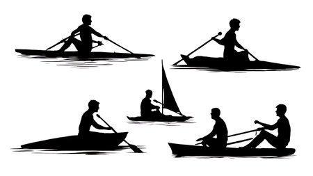 Set of Six Black Solid Sculling with an Oar isolated on plain white background.のイラスト素材