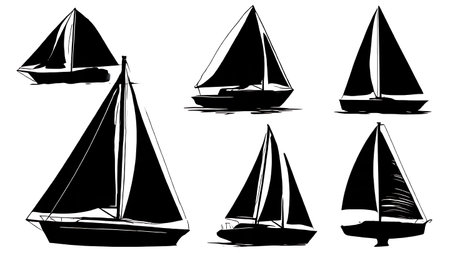 Collection of Six Black Solid Reefed Sails Silhouettes isolated on plain white background.のイラスト素材