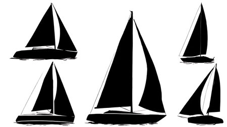 Set of Six Black Solid Sail Type Silhouettes isolated on plain white background.のイラスト素材