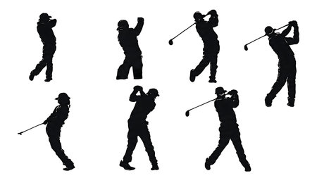 Six Black Solid Senior Golfer Iron Swing Silhouettes isolated on plain white background.のイラスト素材