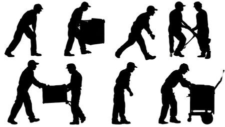 Mechanic Pushing a Tool Chest in Workshop Silhouette Collection isolated on plain white background.のイラスト素材