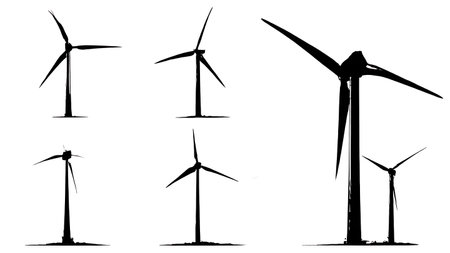 Set of Six Black Solid Wind Turbine Silhouettes isolated on plain white background.のイラスト素材