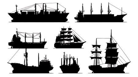 Six Dynamic Black Solid Sailing Cargo Ship isolated on plain white background.のイラスト素材