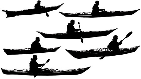 Six Black Solid Skin-on-Frame Kayak isolated on plain white background.のイラスト素材