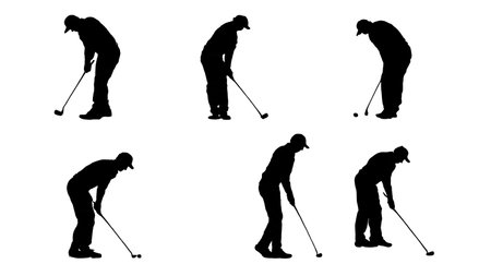 Set of Six Black Solid Uneven Lie Golf Shot Silhouettes isolated on plain white background.のイラスト素材